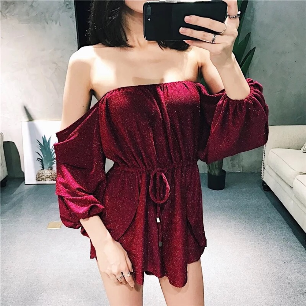 Bling glitter red off-shoulder vacation party jump suit